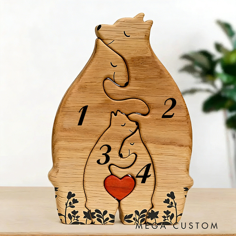 Personalized Wooden Bear Family Puzzle with 2-8 Names & Red Heart, Family Home Decor Family Keepsake Gift Birthday Christmas Gift for Parents Grandma