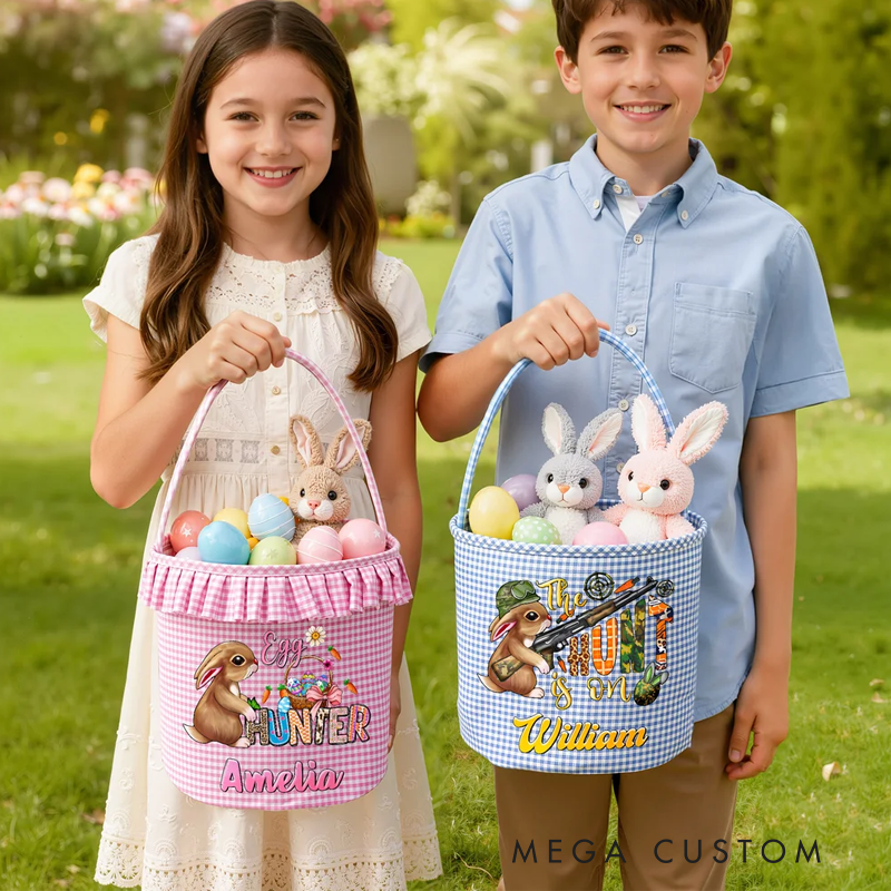 Personalized Cute Bunny Camouflage Flower Plaid Easter Basket with Name Easter Egg Hunt Easter Gift for Boys Girls