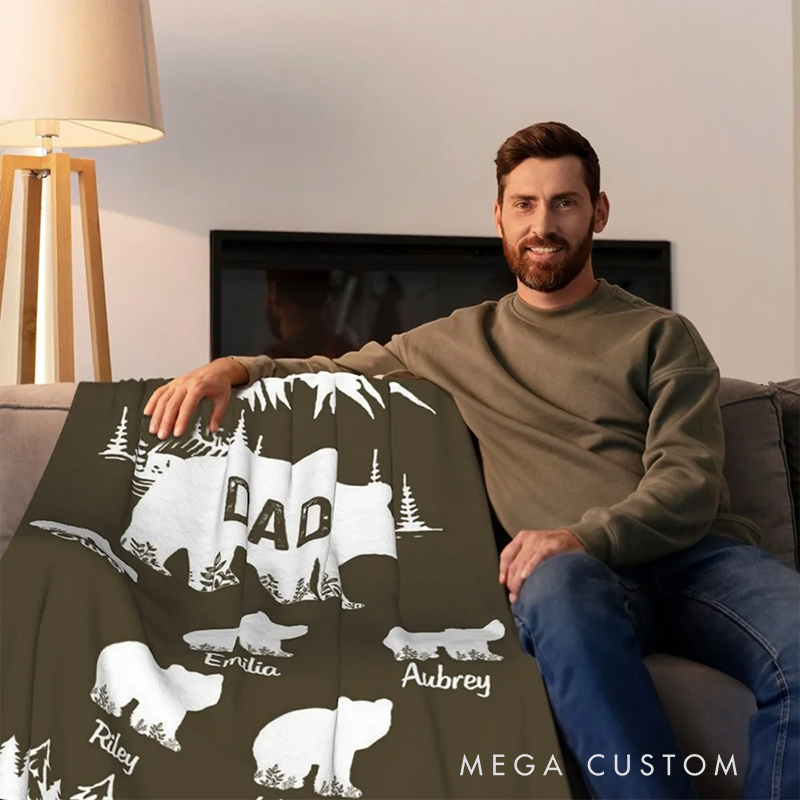 Personalized Papa Bear Blanket with Kids' Names Family Flannel Fleece Blanket Housewarming Decor Birthday Father's Day Gift for Dad Grandpa Him