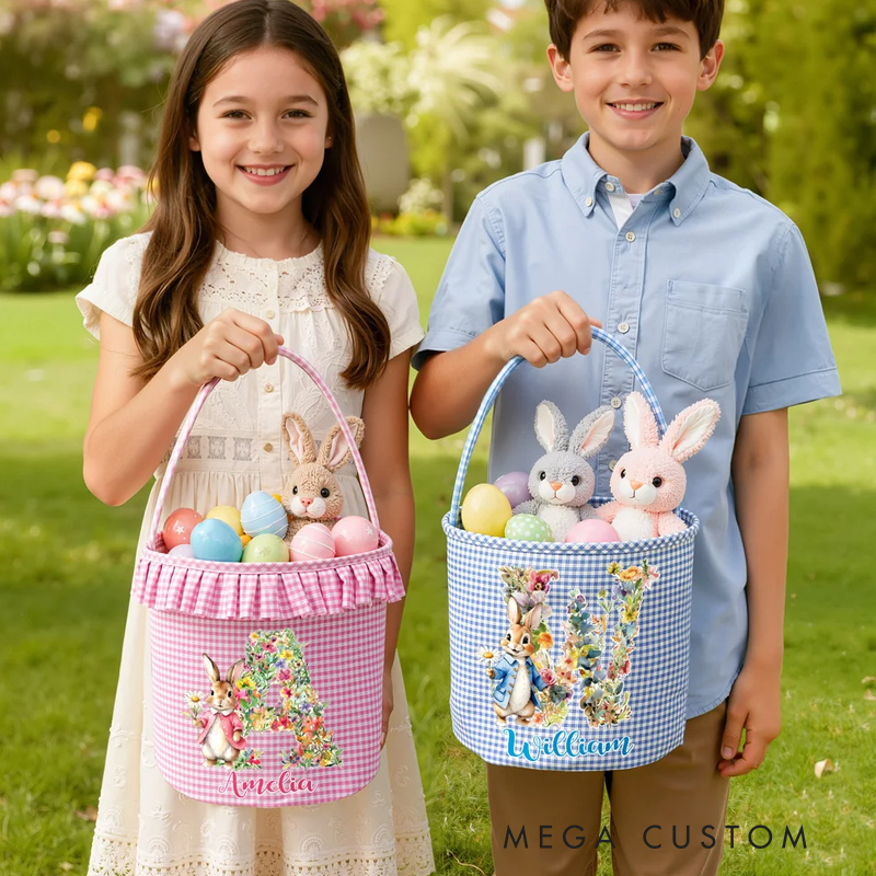Personalized Cute Flower Peter Rabbit Easter Basket with Name and Initial Easter Eggs Hunting Party Favor Gift for Boys Girls
