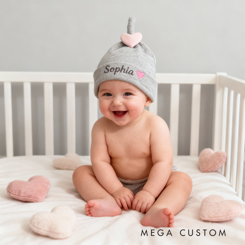 Personalized Valentine's Heart Knit Baby Hat Custom Name Newborn Beanie With Heart for 0-12 Months, Soft and Adorable