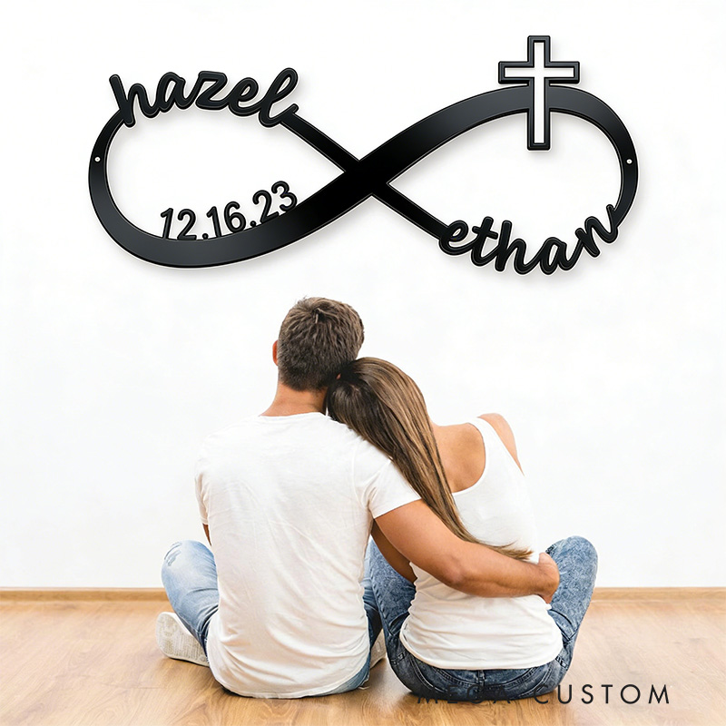 Personalized Infinity with Cross Metal Sign with Custom Names and Date Wall Art Wedding Gift for Couple Anniversary Gift Christian Gift Religious Gift