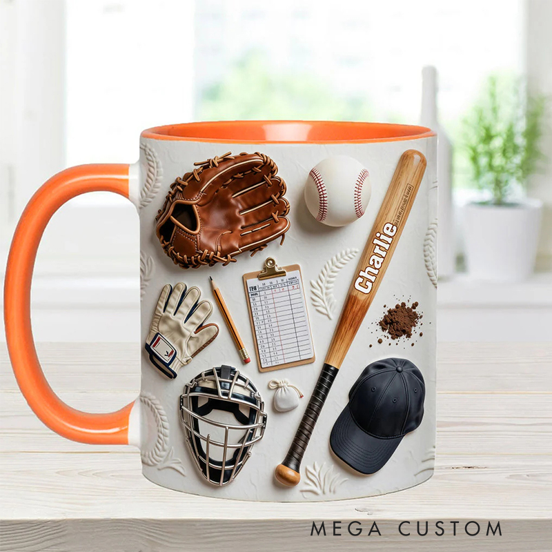 Personalized Baseball Mug with Custom Name and Sports Gear Artwork for Coaches and Baseball Fans