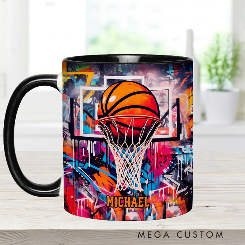Personalized Basketball Mug with Custom Name and Graffiti Artwork for Basketball Enthusiast