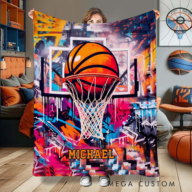 Personalized Basketball Blanket with Custom Name and Graffiti Design for Basketball Enthusiasts