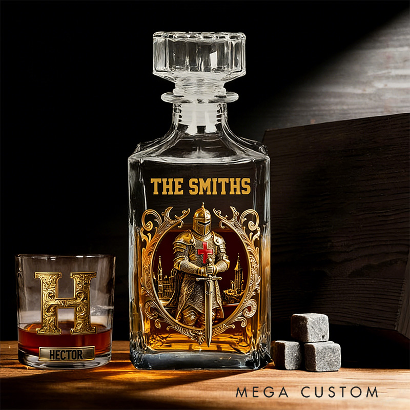 Personalized Strong Warrior Whiskey and Glass Set with Custom Initial and Name Drink Set for Family Christian Knight with Cross Whiskey Decanter Set