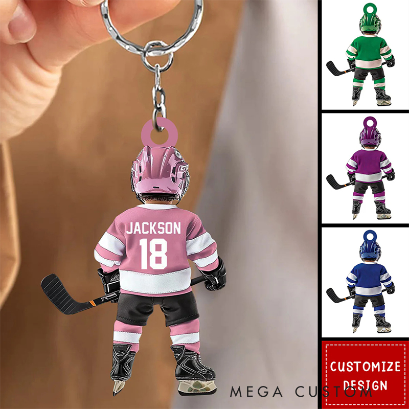 Personalized Acrylic Ice Hockey Player Keychain with Custom Name, Number, and Jersey Design for Ice Hockey Fans