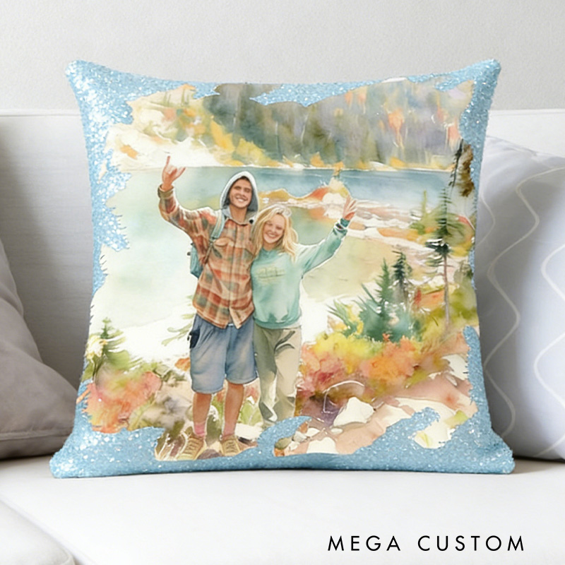 Personalized Watercolor-Style Sequin Photo Pillow Custom Couple Photo Pillow Gifts for Outdoor Couple Hiking 