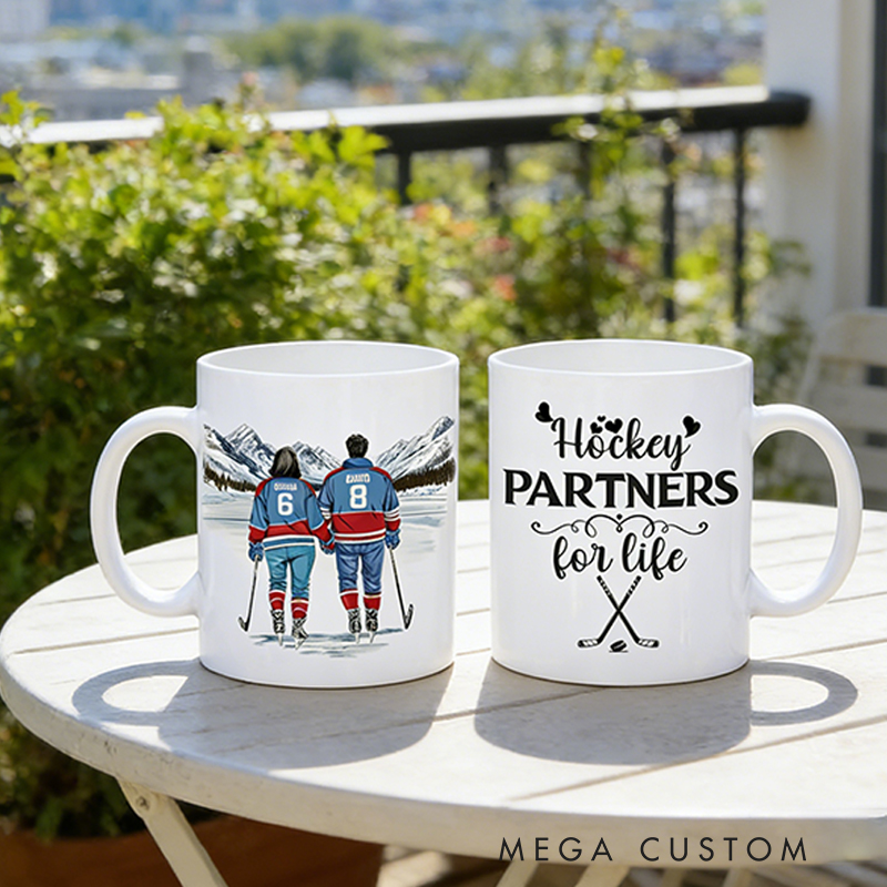 Personalized Couple’s Hockey Mug with Custom Names and Numbers for Hockey-Loving Couples