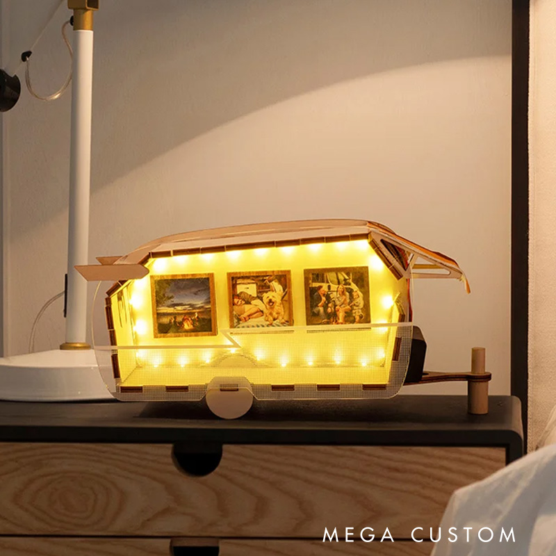 Personalized Camping Car Wood Photo Frame with LED Light Strip and 3 Photos Commemorative Home Decor Gift for Campers