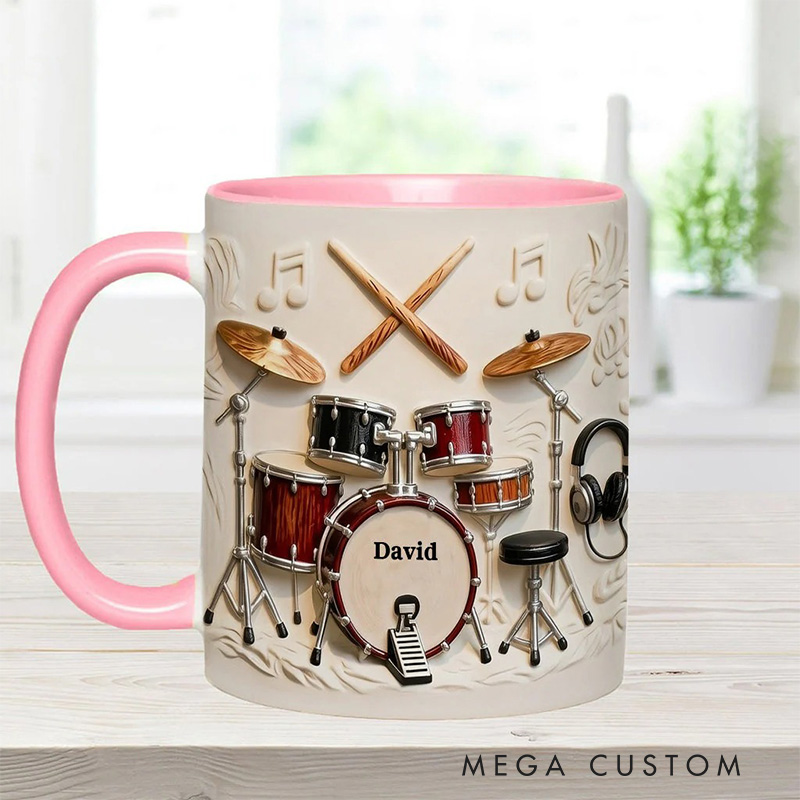 Personalized 2D Flat Name Awsome Drumer Accent Mug Custom Drum Themed Mug for Music Lovers