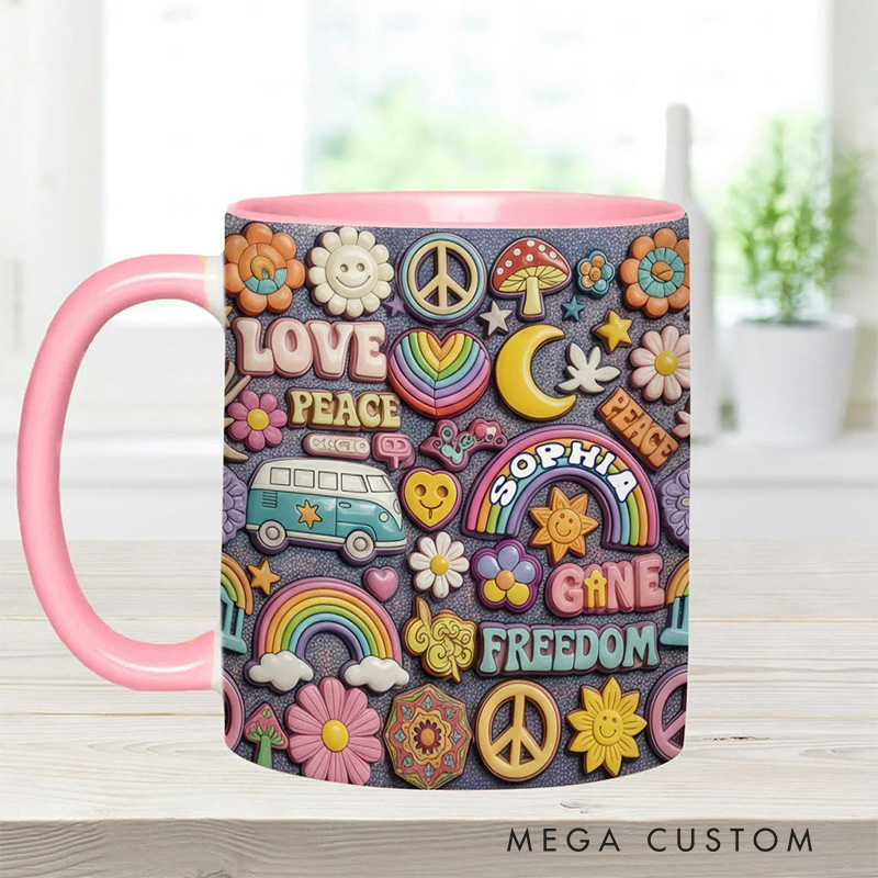 Personalized 2D Flat Hippie Living In Peace Mug Custom Name Colorful Hippie Car Hippie Coffee Mug Bohemian Coffee Mug