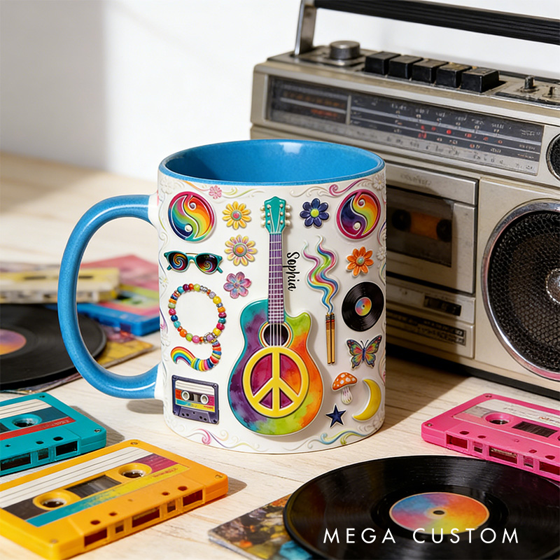 Personalized 2D Flat Hippie Love Hope Peace Guitar Mug Custom Name Colorful Hippie Car Hippie Coffee Mug Bohemian Coffee Mug