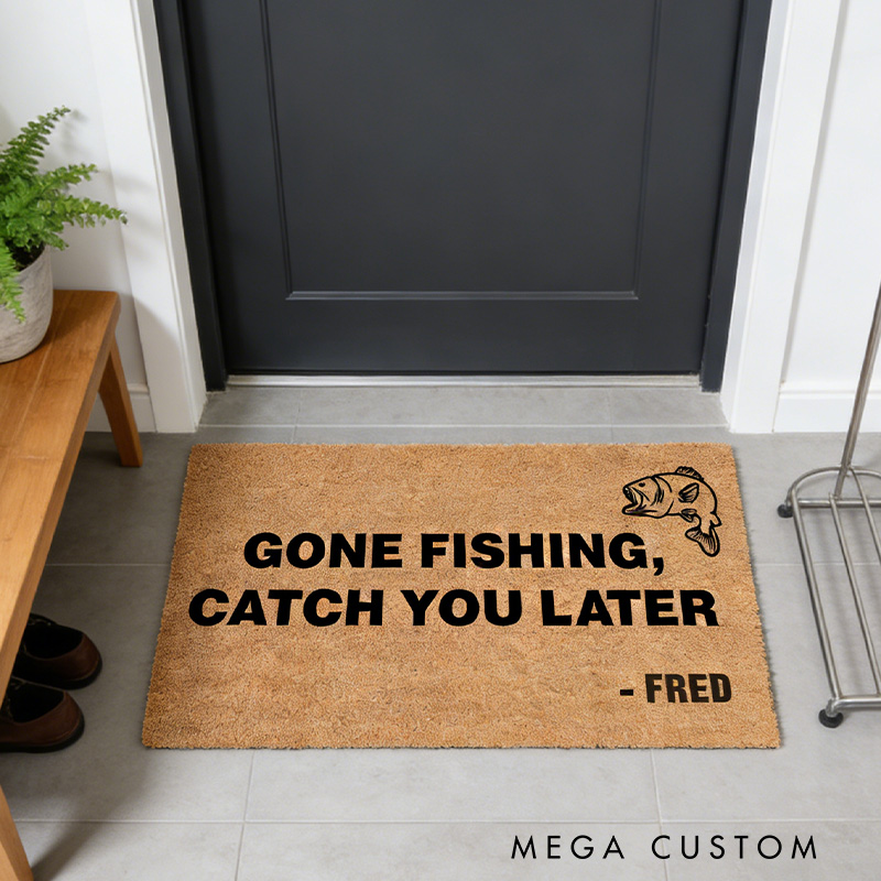 Personalized Gone Fishing Catch You Later Customizable Name Doormat Gift for Dad / Grandad / Fisher Sea Bass Fish Coconut Coir Doormat
