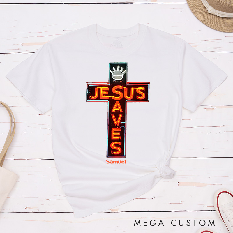 Personalized Jesus Saves Classic Cotton T-Shirt with Name Modern Neon Lights Style Cross Shirt Religious Gift for Christians