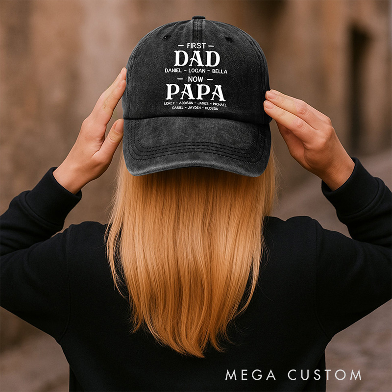 Personalized Vintage Washed Denim Baseball Cap First Dad Now Grandpa with Kids' Names Cap Gifts for Grandpa Dad 