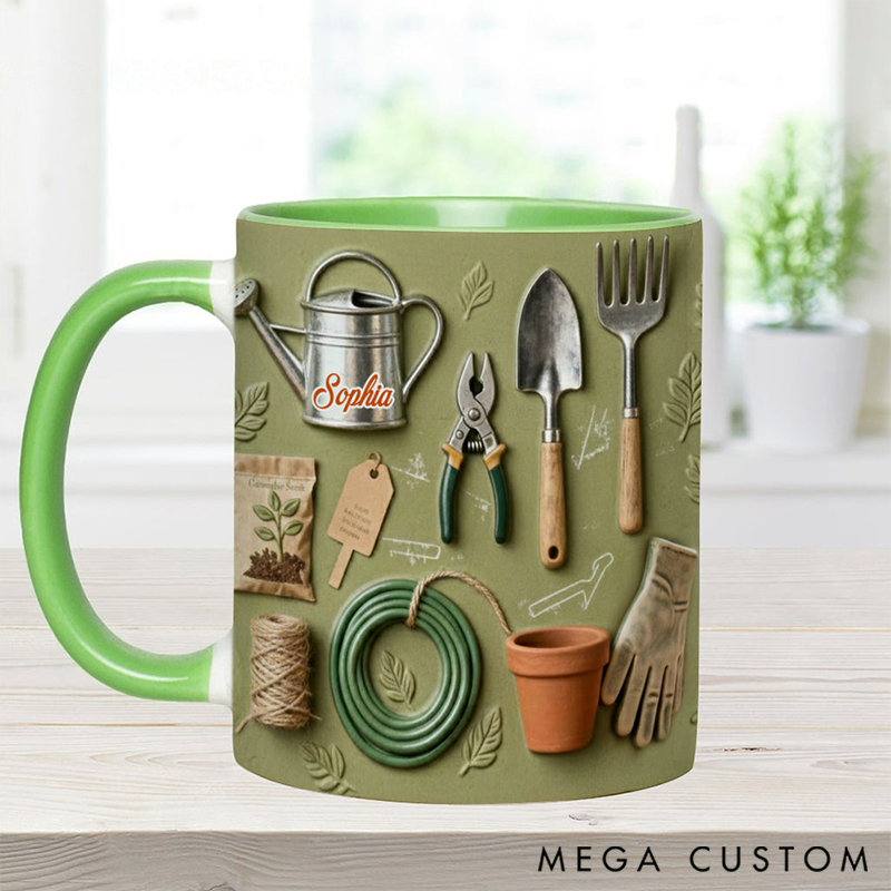 Personalized Gardening Accent Mug Adorned with 3D Tool Embellishments Custom Name Engraved Mug for Avid Garden Lovers