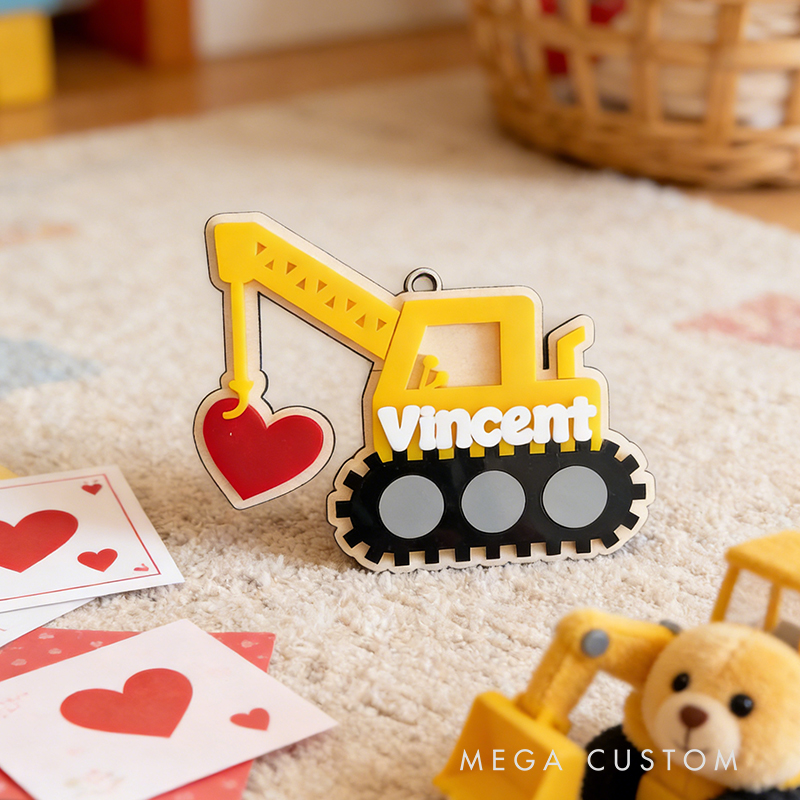 Personalized Valentine’s Excavator Basket Tag Custom Name  Acrylic Gift Decoration for Kids