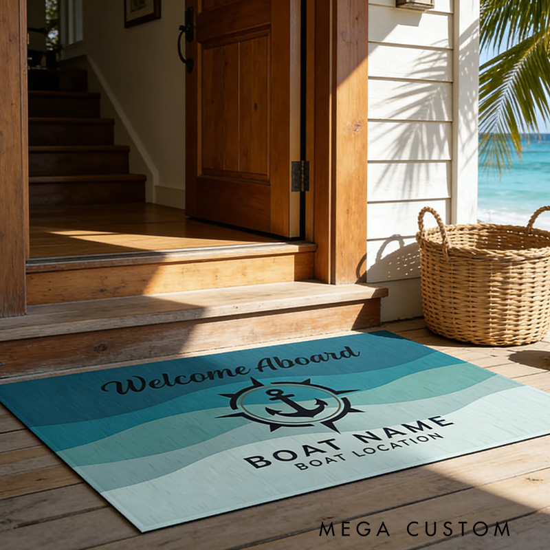Personalized Fishing Nautical Compass Doormat Nautical Anchor Mat with Wave Gifts Outdoor Fishing