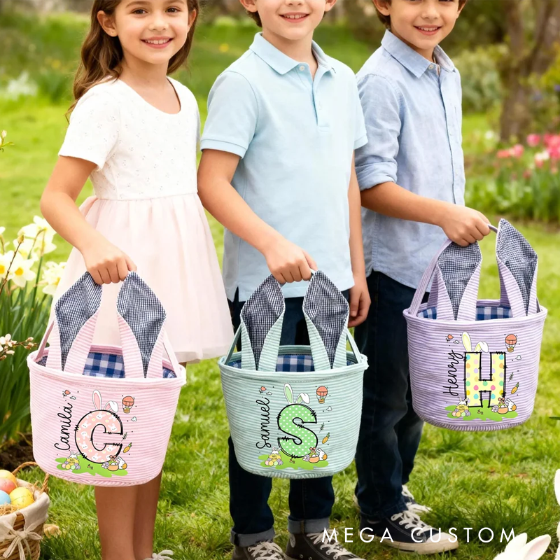 Personalized Cute Bunny Ears Polka Dot Initial Easter Basket with Name Egg Hunt Accessories Easter Party Gift for Boys Girls