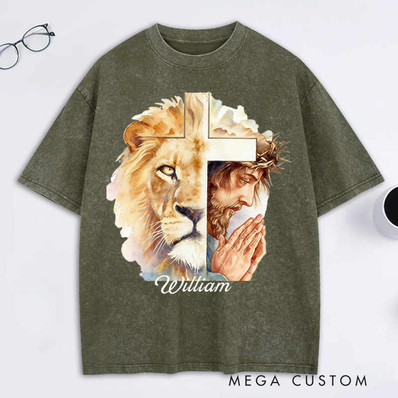 Personalized Man of God Lion of Judah Washed T-Shirt with Custom Name Jesus Tee Religious Gift Christian Gift for Men
