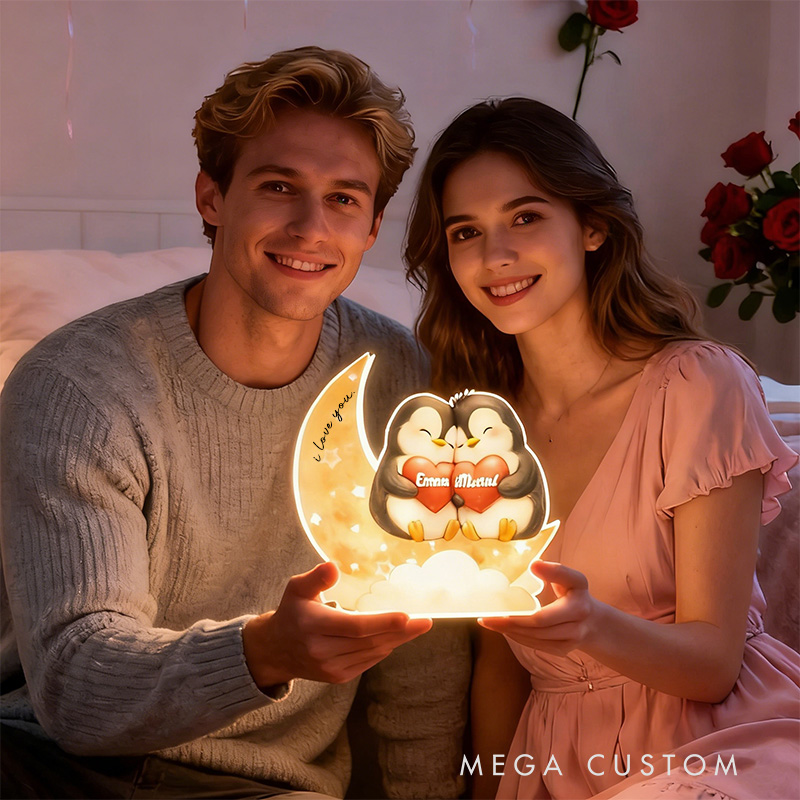 Personalized God Knew My Heart Needed You Penguin Couple Heart Star Moon Acrylic LED Night Light with Name and Text Valentine's Day Gift for Couple
