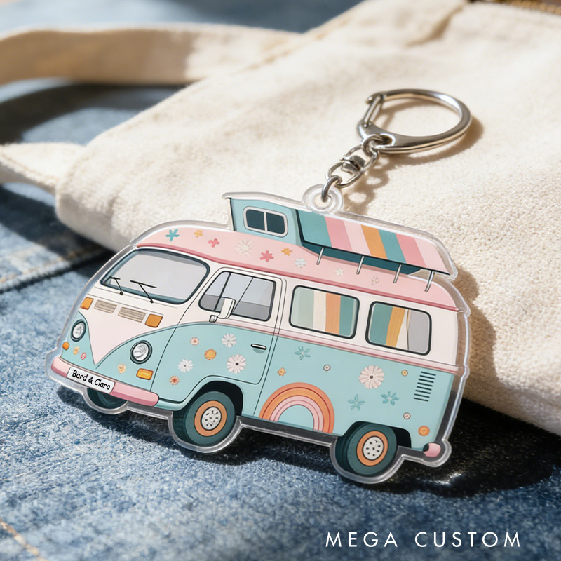 Personalized Vintage Camper Van Keychain Acrylic Camping Keychain Outdoor Adventure Gift