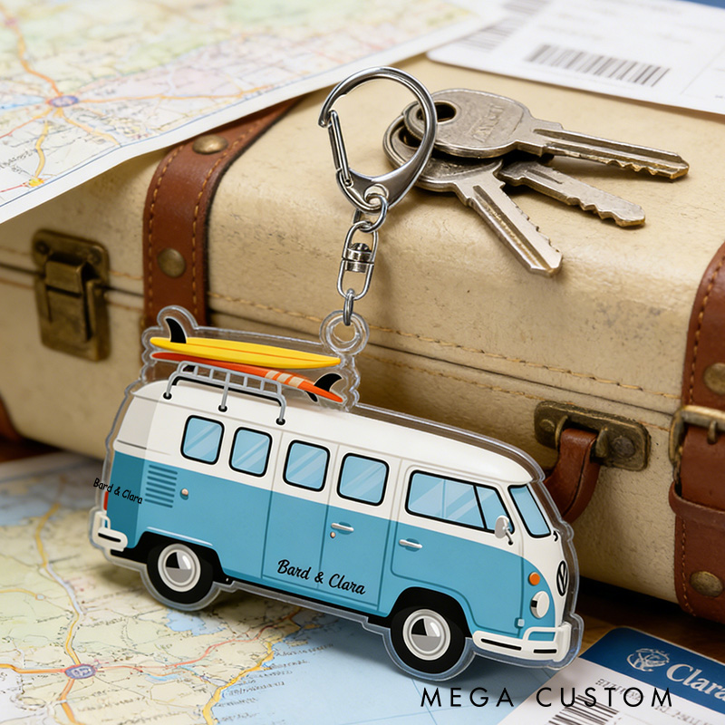 Personalized Surf Van Keychain Campervan Photo Keychain Vintage Camper Keychain Gift for Outdoor Adventure