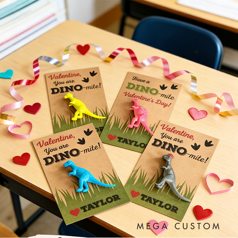 Personalized Dinosaur Valentine's Day Greeting Card with Toy Dinosaur Customizable Name and Includes a Free Dinosaur Toy for Kids