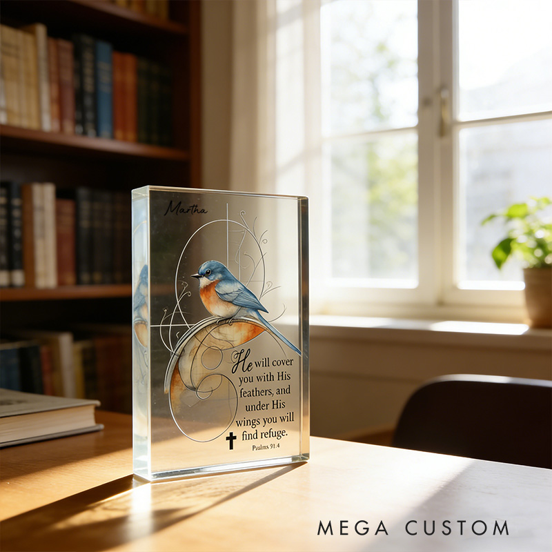 Personalized Bluebird Psalm 91:4 Acrylic Block with Custom Name Scripture Wall Art Faith Home Decor Christian Gifts for Women
