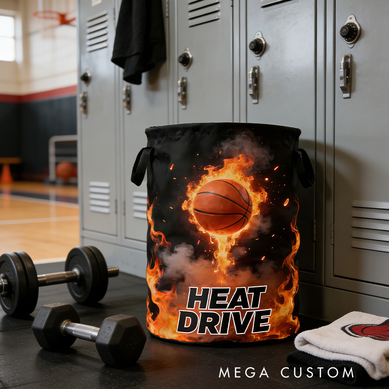 Personalized Flaming Basketball Storage Basket with Custom Text for Basketball Fans