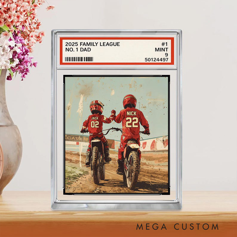 Personalized Fathers Day Gifts Custom Motocross Dad Acrylic Plaque Trading Card Style with Dad and Kids Names Motorcycle Decor