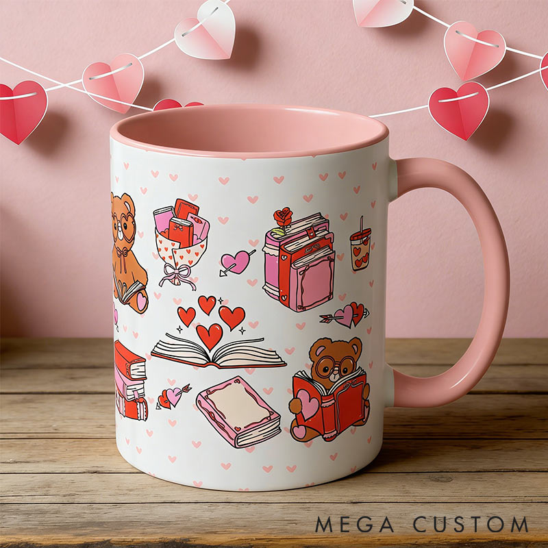 Personalized Bookish Valentines Day Mug Cute Bear Reading Mug Romantasy Book Club Gifts for Reading Lovers