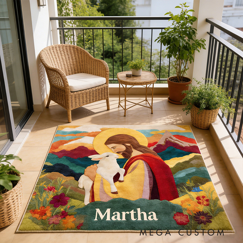 Personalize Jesus and Lamb Rug with Custom Name Religious Rug for Women Faith Based Gift Christian Gift for Her