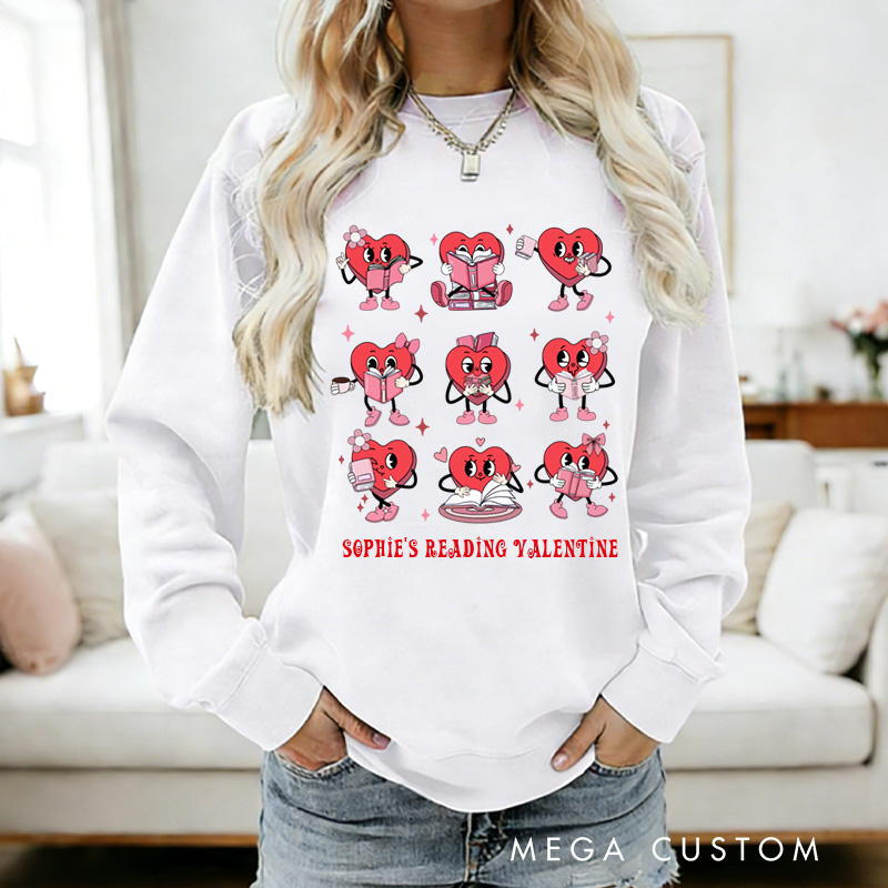 Personalized Bookish Heart Sweatshirt Red Reading Heart for Librarian Sweatshirt with Name Valentines Day Gift for Book Lover Girlfriend Wife Women