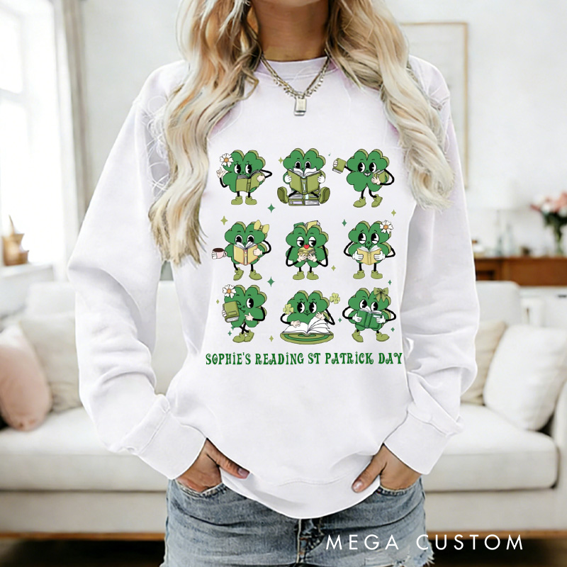 Personalized Shamrock Book Sweatshirt Lucky Book Sweatshirt with Name t Patrick Day Sweatshirt Gift for Librarian Book Lover Irish Friends Gift