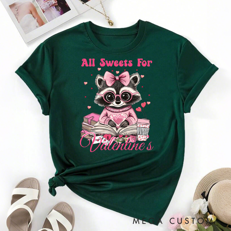 Personalized Raccoon All Sweets For Valentine Book Classic T-Shirts Xoxo Tee for Librarian Shirt with Name Valentines Day Gift for Book Lover Girlfriend Wife Women