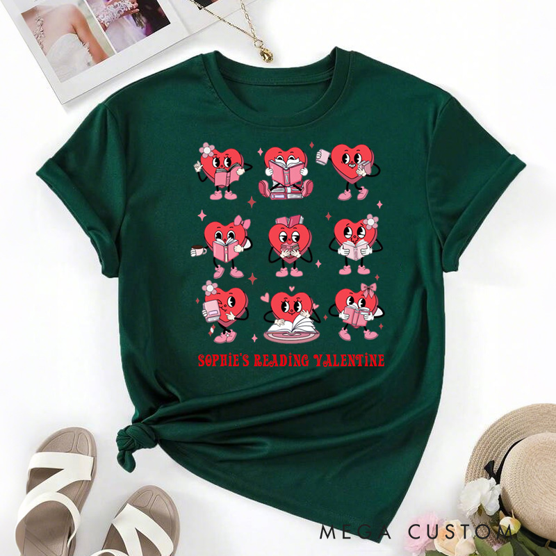 Personalized Bookish Heart Classic T-Shirts Red Reading Heart Tee Librarian Shirt with Name Valentines Day Gift for Book Lover Girlfriend Wife Women