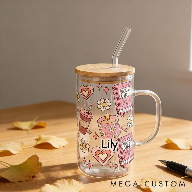 Personalized Bookish Girlie Iced Glass Coffee Cup Valentine's Cute glass Cup for Reading Lovers