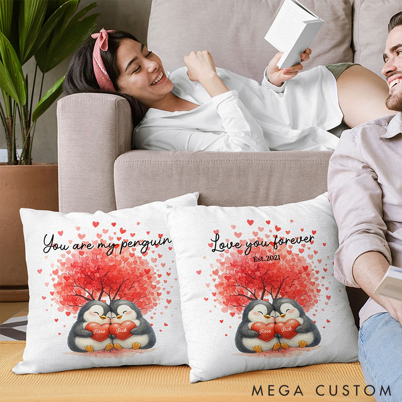 Personalized Love Tree Penguin Couple Soft Throw Pillow Custom Name Year Home Pillow Valentine's Day gift for Couple Romantics Gift for Him Her