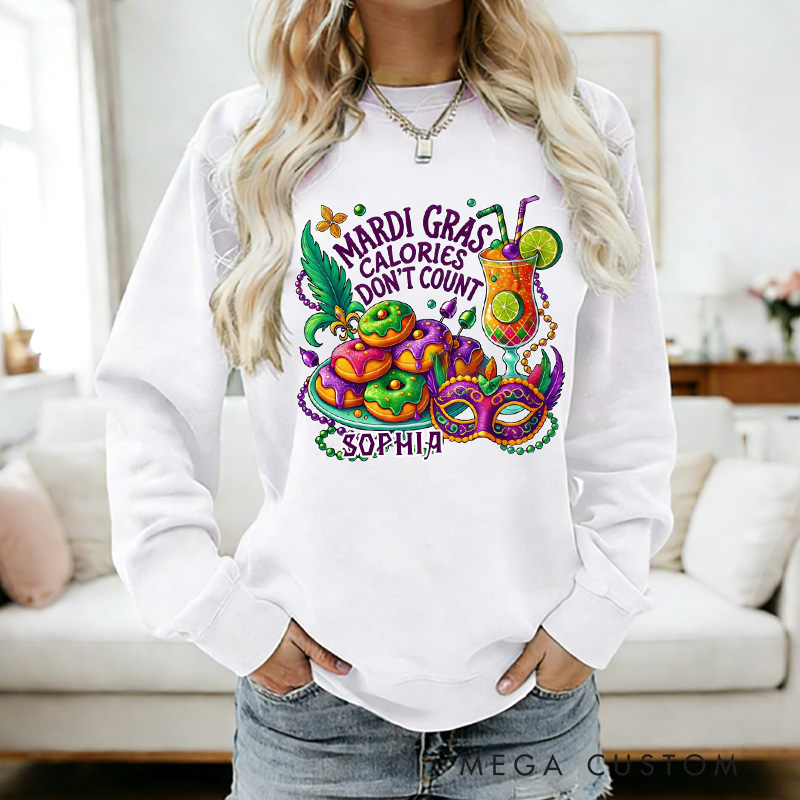 Personalized Mardi Gras Calories Don't Count Donut Coquette Sweatshirt with Name Mardi Mask Bead Shirt Gift for Women Her