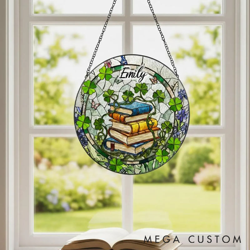 Personalized Shamrock and Books Stained Glass Suncatcher Literary Window Hanging for Reading Lovers 