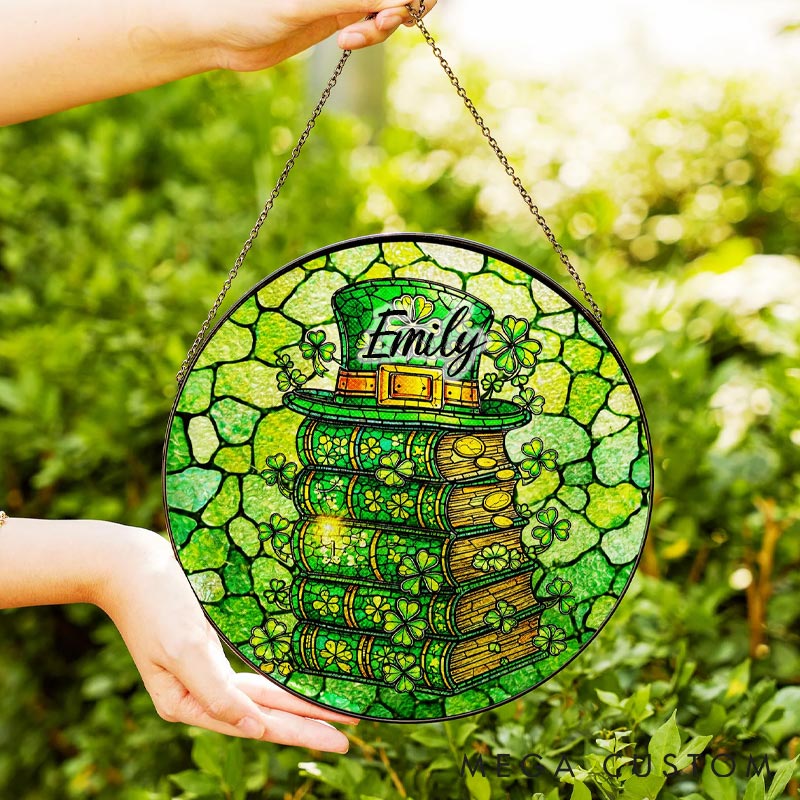 Personalized Lucky Leprechaun Hat Stained Glass Suncatcher Clover Books Decor for Reading Lovers 