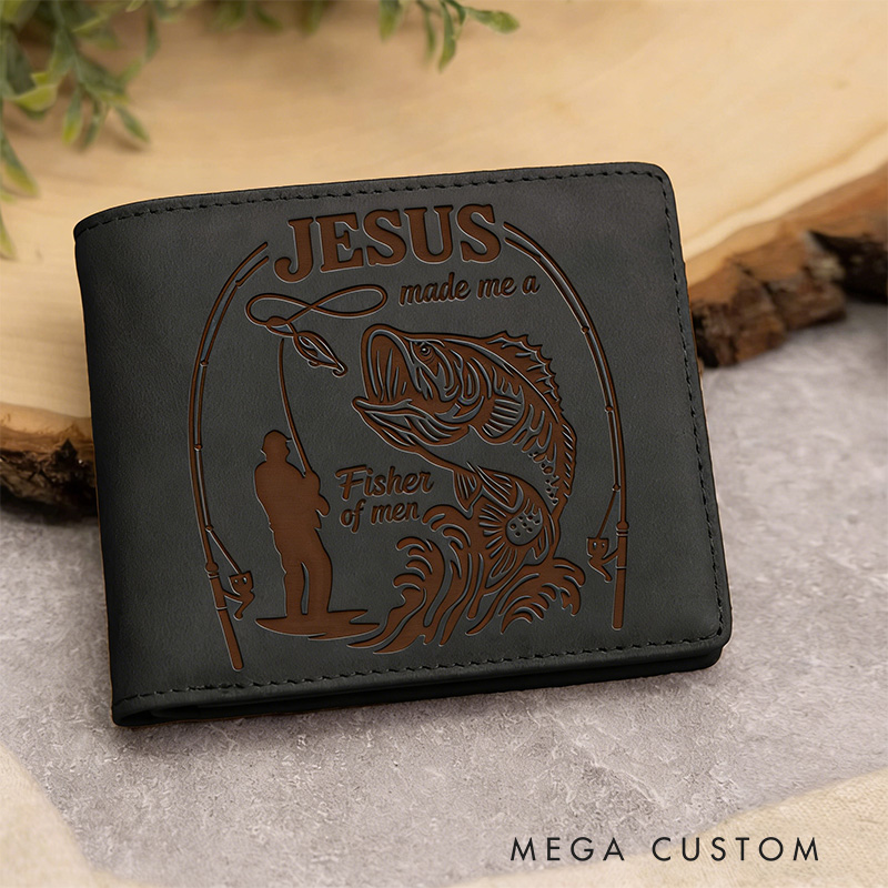 Personalized Jesus Made Me A Fisher of Men Leather Bifold Wallet with Custom Name Christian Fishing Multi Pocket Wallet Religious Gift for Men Dad