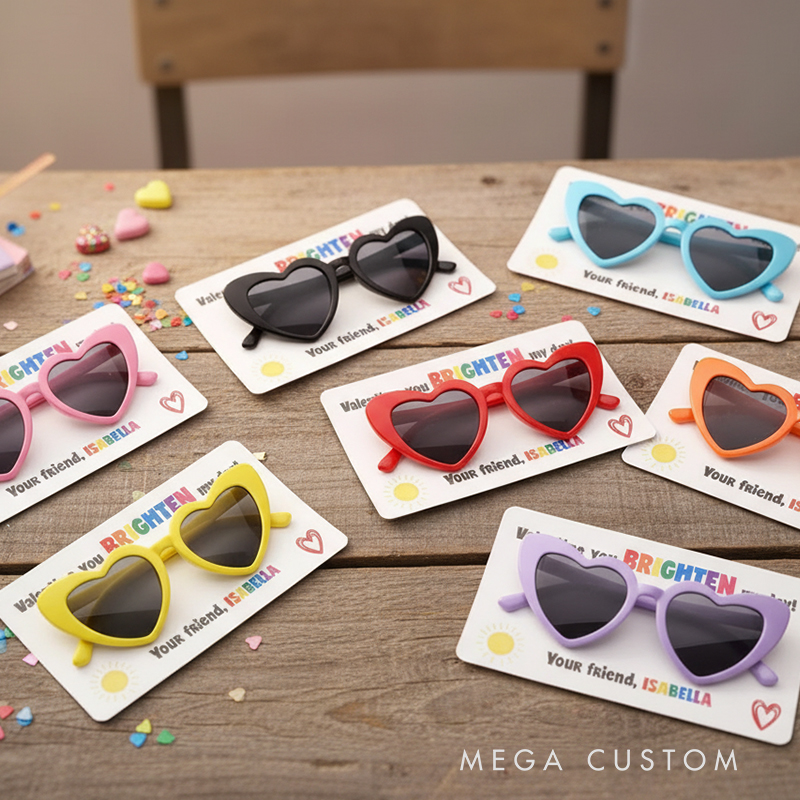 Personalized Valentine’s Heart Sunglasses Card for Kids Custom Name Gift with Fun Design Classroom Exchange School Non Candy Free