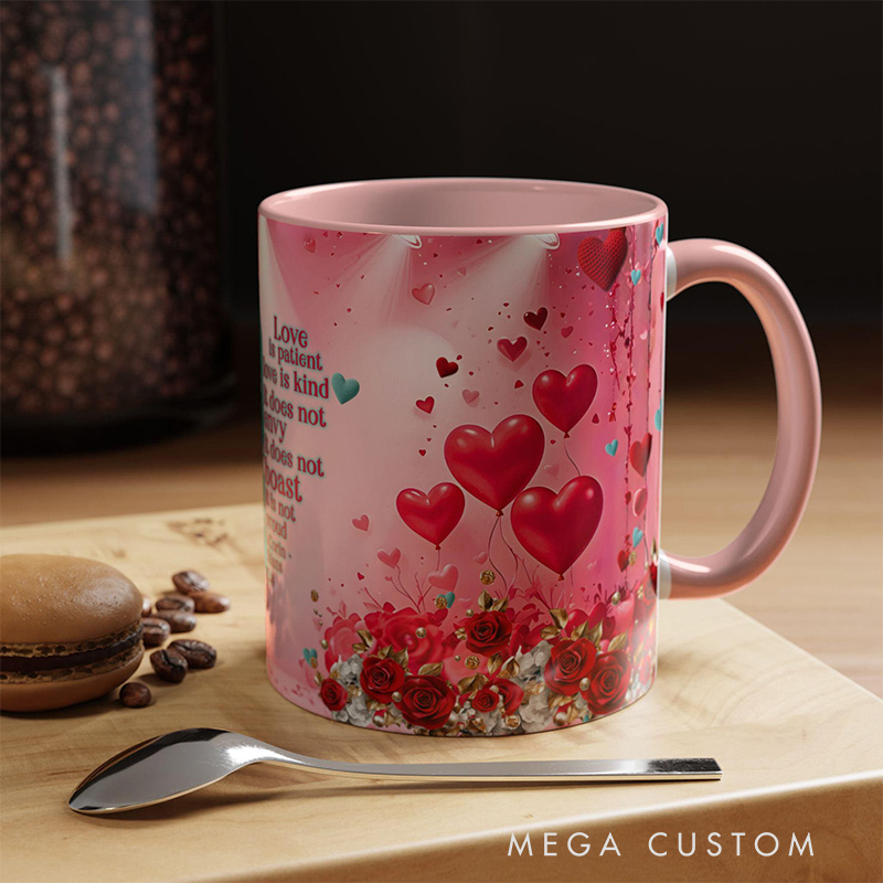 Personalized Love is Patient 11oz Ceramic Mug with Custom Names and Date Valentines Day Coffee Mug 1 Corinthians 13:4 Bible Verse Cup Wedding Gift