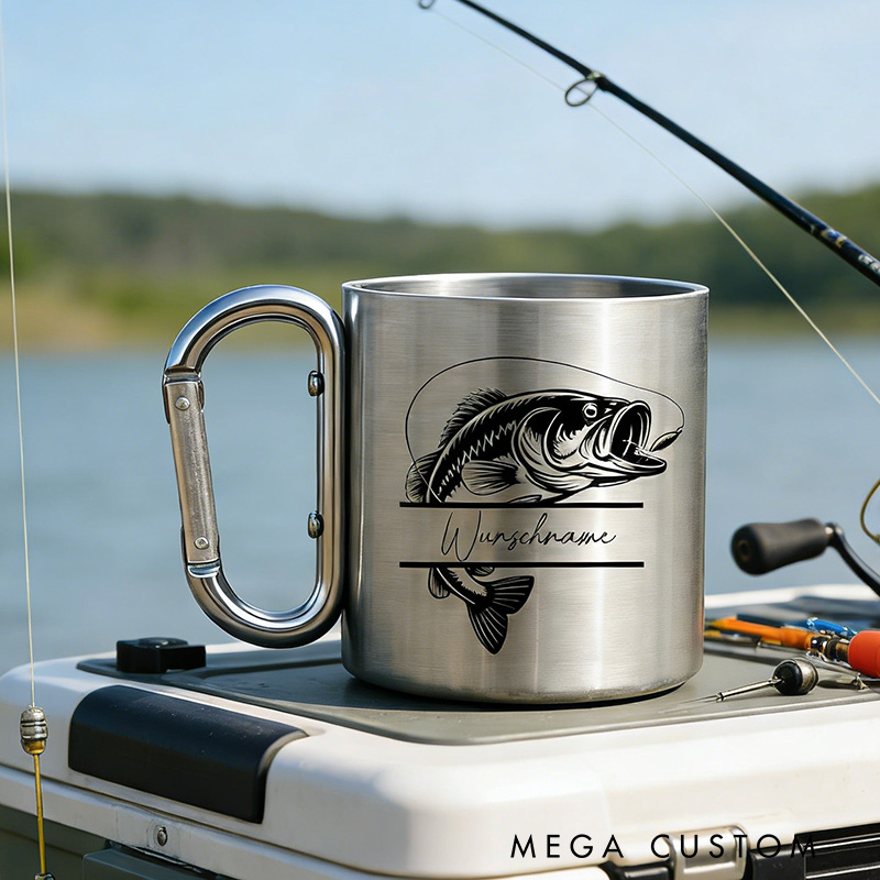 Personalized Fishing Mug with Name Stainless Steel Mug with Engraving & Carabiner Handle Outdoors Fishing Lover