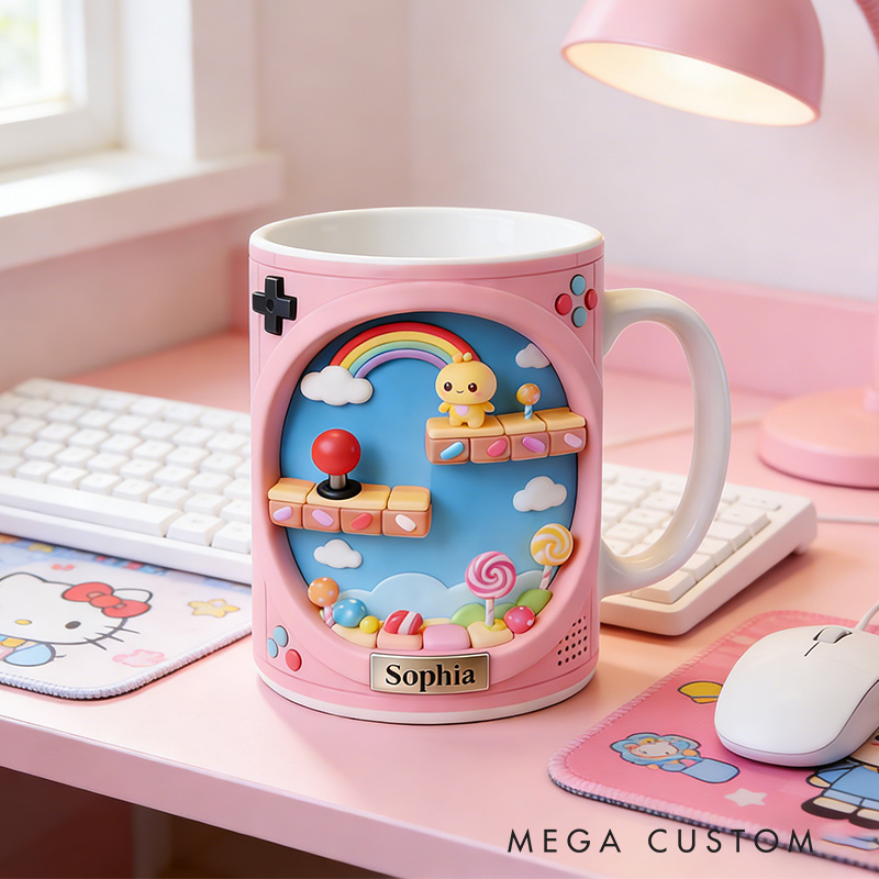 Personalized 2D Flat Whimsical Arcade Mug Gamer Mug Player Controller Video Game Mug Gamer Gift Coffee Mug