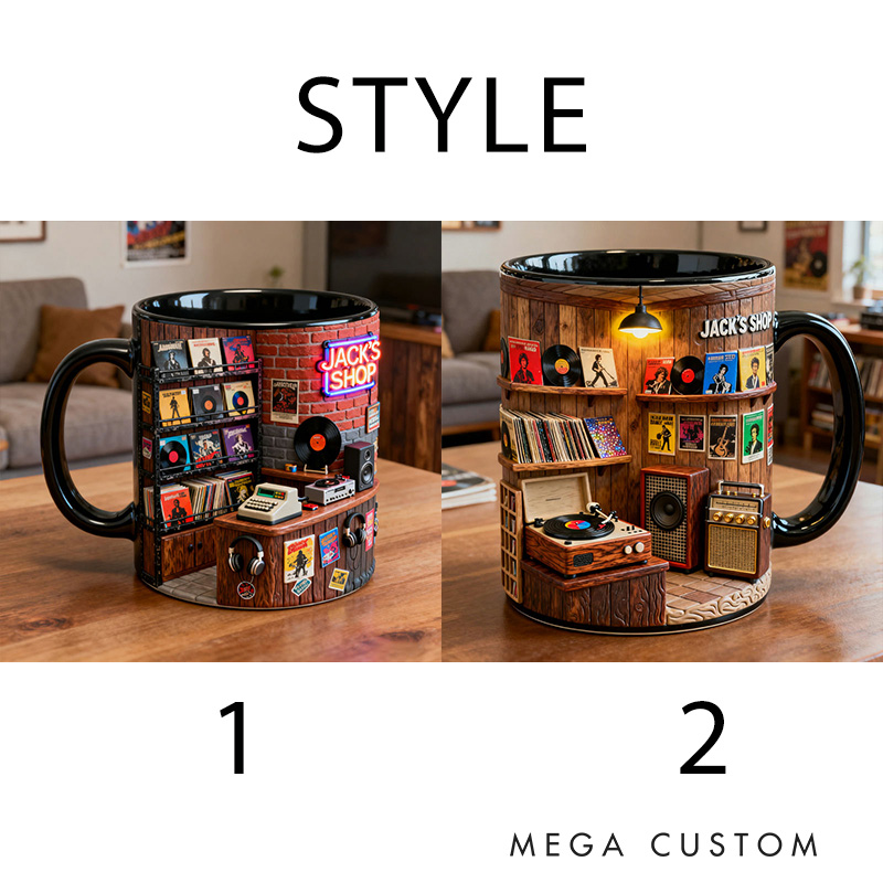Personalized 2D Flat Retro Vinyl Store Mug Custom Vinyl Records Themed Mug for Music Lovers