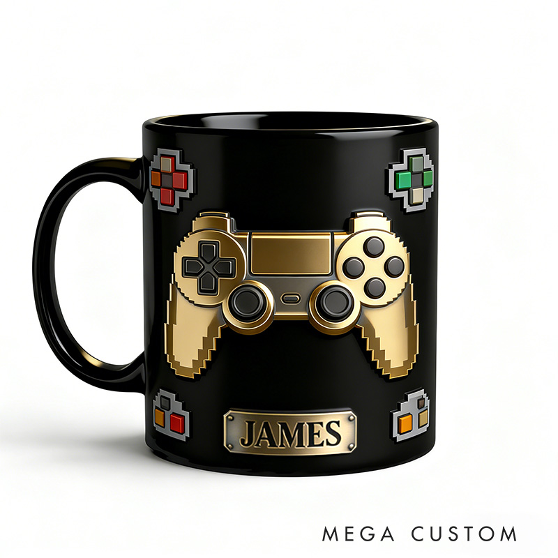 Personalized 2D Flat Golden Gamer Mug Gamer Mug Player Controller Video Game Mug Gamer Gift Coffee Mug